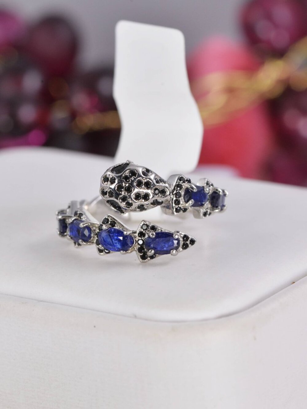 Natural Blue Sapphire Snake with Onyx Ring in 925 Sterling Silver sz 8